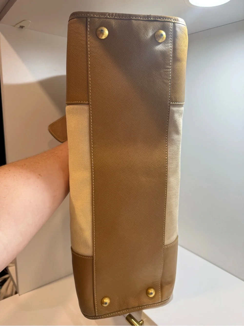 Prada Beige Canvas with Brown Saffiano Trim Tote